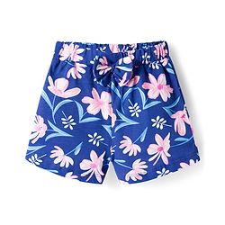 Babyhug Cotton Knit Half Sleeves Front Open Co-ords Top & Short Night Suit with Floral Print - Navy Blue