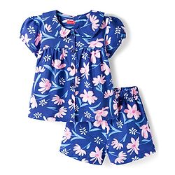 Babyhug Cotton Knit Half Sleeves Front Open Co-ords Top & Short Night Suit with Floral Print - Navy Blue
