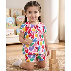 Babyhug Cotton Knit Half Sleeves Front Open Co-ords Top & Short Night Suit with Heart Print - Multicolor