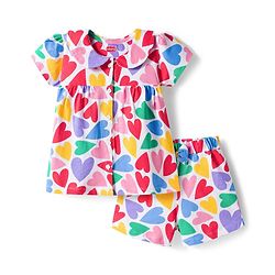 Babyhug Cotton Knit Half Sleeves Front Open Co-ords Top & Short Night Suit with Heart Print - Multicolor