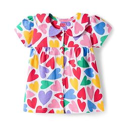 Babyhug Cotton Knit Half Sleeves Front Open Co-ords Top & Short Night Suit with Heart Print - Multicolor