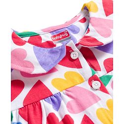 Babyhug Cotton Knit Half Sleeves Front Open Co-ords Top & Short Night Suit with Heart Print - Multicolor