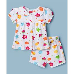 Babyhug Cotton Knit Half Sleeves Top & Shorts Co-ord Night Suit with Fruit Print - White