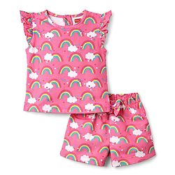 Babyhug Cotton Knit Sleeveless Top & Shorts Co-ord Night Suit with Rainbow Print - Pink