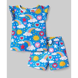 Babyhug Cotton Knit Sleeveless Top & Shorts Co-ord Night Suit with Rainbow Print - Blue