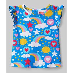 Babyhug Cotton Knit Sleeveless Top & Shorts Co-ord Night Suit with Rainbow Print - Blue