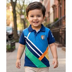 Babyhug Cotton Knit Half Sleeves Polo T-Shirt with Graphics & Nautical Theme Patch -  Navy Green & Coral