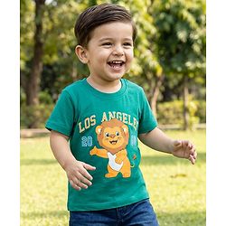 Babyhug Cotton Knit Half Sleeves T-Shirt with Lion Print - Teal Blue