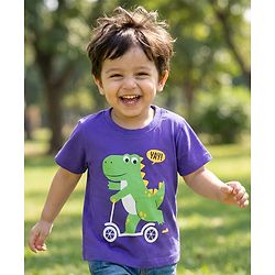 Babyhug Cotton Knit Half Sleeves T-Shirt with Dino Print - Purple