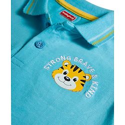 Babyhug 100% Cotton Knit Half Sleeves Polo T-Shirt With Tiger Print - Light Blue & Yellow