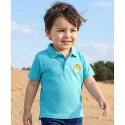 Babyhug 100% Cotton Knit Half Sleeves Polo T-Shirt With Tiger Print - Light Blue & Yellow