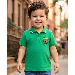 Babyhug Cotton Knit Half Sleeves Polo T-Shirt With Bear Print - Green