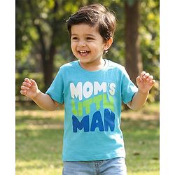 Babyhug Cotton Knit Half Sleeves T-Shirt with Mom's Little Man Print - Light Blue