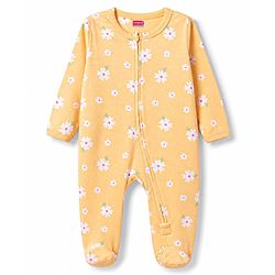 Babyhug Cotton Knit Full Sleeves Floral Printed Sleepsuit - Yellow
