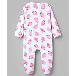 Babyhug Cotton Knit Full Sleeves Strawberry Printed Sleepsuit - White