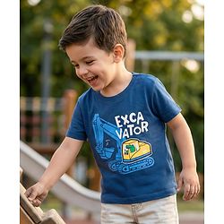 Babyhug 100% Cotton Knit Half Sleeves Construction Vehicles Printed T-Shirt - Blue