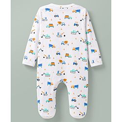 Babyhug Cotton Knit Full Sleeves Construction Vehicles Printed Sleepsuit - White