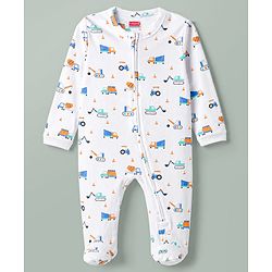 Babyhug Cotton Knit Full Sleeves Construction Vehicles Printed Sleepsuit - White