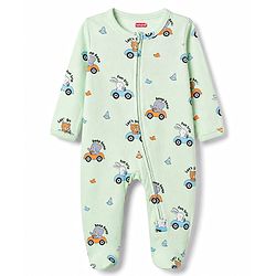 Babyhug Cotton Knit Full Sleeves Vehicles & Elephant Printed Sleepsuit - Mint