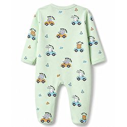 Babyhug Cotton Knit Full Sleeves Vehicles & Elephant Printed Sleepsuit - Mint