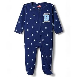 Babyhug Cotton Knit Full Sleeves Sleepsuit  with Star Print - Navy Blue