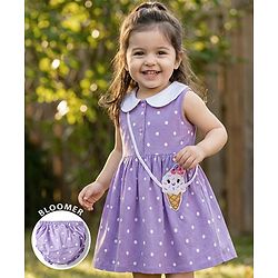 Babyhug Single Jersey Knit Sleeveless Polka Dotted Frock with Bloomer - Purple