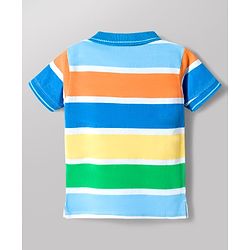 Babyhug Cotton Knit Half Sleeves Striped Polo T-Shirt with Koala Patch - Blue Yellow & Red