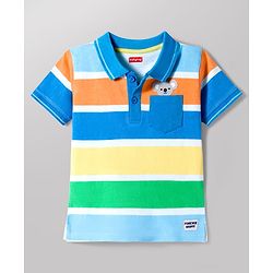 Babyhug Cotton Knit Half Sleeves Striped Polo T-Shirt with Koala Patch - Blue Yellow & Red