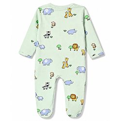 Babyhug Cotton Knit Full Sleeves Animal Printed Footed Sleepsuit - Light Green
