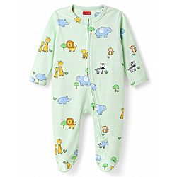 Babyhug Cotton Knit Full Sleeves Animal Printed Footed Sleepsuit - Light Green