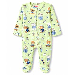 Babyhug Cotton Knit Full Sleeves Bear Printed Sleepsuit - Light Green