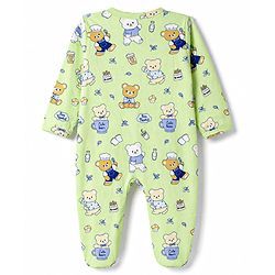 Babyhug Cotton Knit Full Sleeves Bear Printed Sleepsuit - Light Green