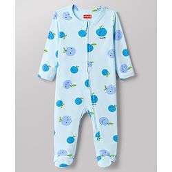 Babyhug 100% Cotton Knit Full Sleeves Footed Sleepsuit with Tropical Theme Print - Light Blue