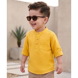 Babyhug Linen Woven Full Sleeves Solid Colour Mandarin Collar Kurta Style Shirt - Golden
