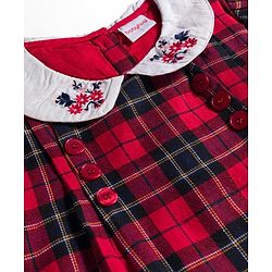 Babyhug Cotton Woven Half Sleeves Checks Frock With Floral Embroidery - Dark Red