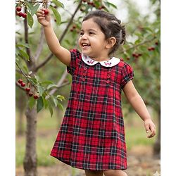Babyhug Cotton Woven Half Sleeves Checks Frock With Floral Embroidery - Dark Red