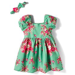 Babyhug Cotton Woven Half Sleeves Frock with Floral Print & Headband - Multicolor