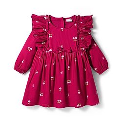 Babyhug 100% Cotton Woven Full Sleeves Floral & Mushroom Printed Frock With Frill Detailing - Dark Red