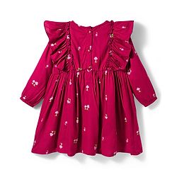 Babyhug 100% Cotton Woven Full Sleeves Floral & Mushroom Printed Frock With Frill Detailing - Dark Red