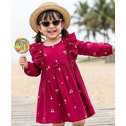 Babyhug 100% Cotton Woven Full Sleeves Floral & Mushroom Printed Frock With Frill Detailing - Dark Red
