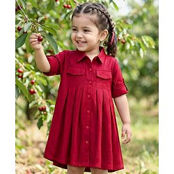Babyhug Cotton Woven Full Sleeves Solid Color Shirt Dress - Maroon