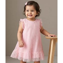Babyhug Mesh Woven Frill Sleeves Frock - Pink