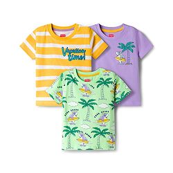 Babyhug 100% Cotton Knit Half Sleeves Beach Theme Printed & Striped T-Shirts Pack Of 3 - Multicolour