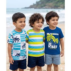 Babyhug 100% Cotton Knit Half Sleeves Beach Theme Printed & Striped T-Shirts Pack Of 3 - Multicolour