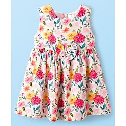 Babyhug 100% Cotton Woven Half Sleeves Floral Printed Frock With Shrug - Multicolour