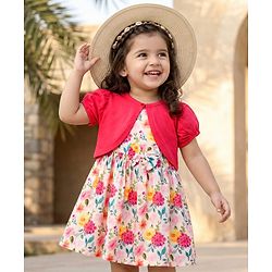 Babyhug 100% Cotton Woven Half Sleeves Floral Printed Frock With Shrug - Multicolour