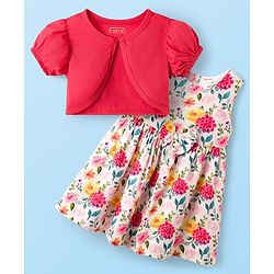 Babyhug 100% Cotton Woven Half Sleeves Floral Printed Frock With Shrug - Multicolour