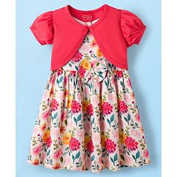 Babyhug 100% Cotton Woven Half Sleeves Floral Printed Frock With Shrug - Multicolour