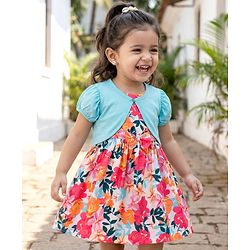 Babyhug 100% Cotton Woven Half Sleeves Floral Printed Frock With Shrug - Multicolour