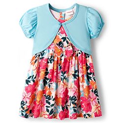 Babyhug 100% Cotton Woven Half Sleeves Floral Printed Frock With Shrug - Multicolour
